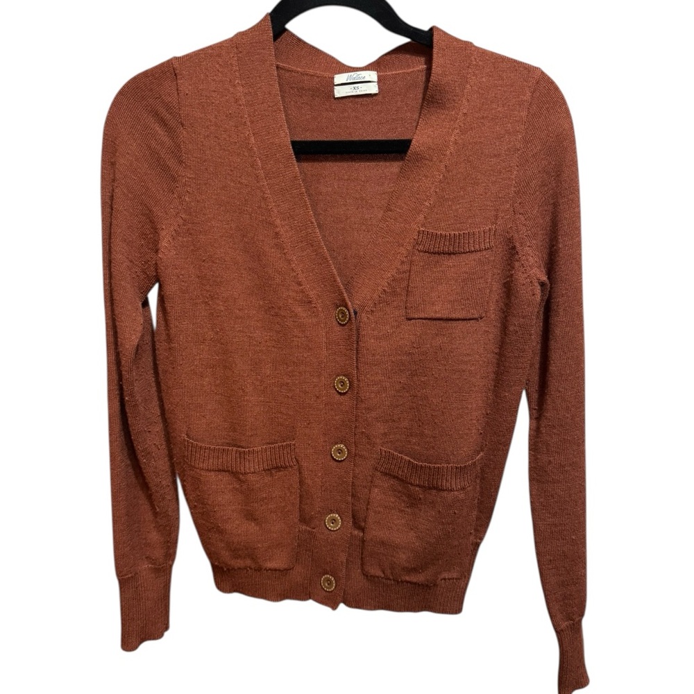 100% Merino Wool Cardigan Sweater Brown Button Front Pocket Classic Sz XS